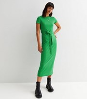 New Look Green Ribbed Belted Midi Dress